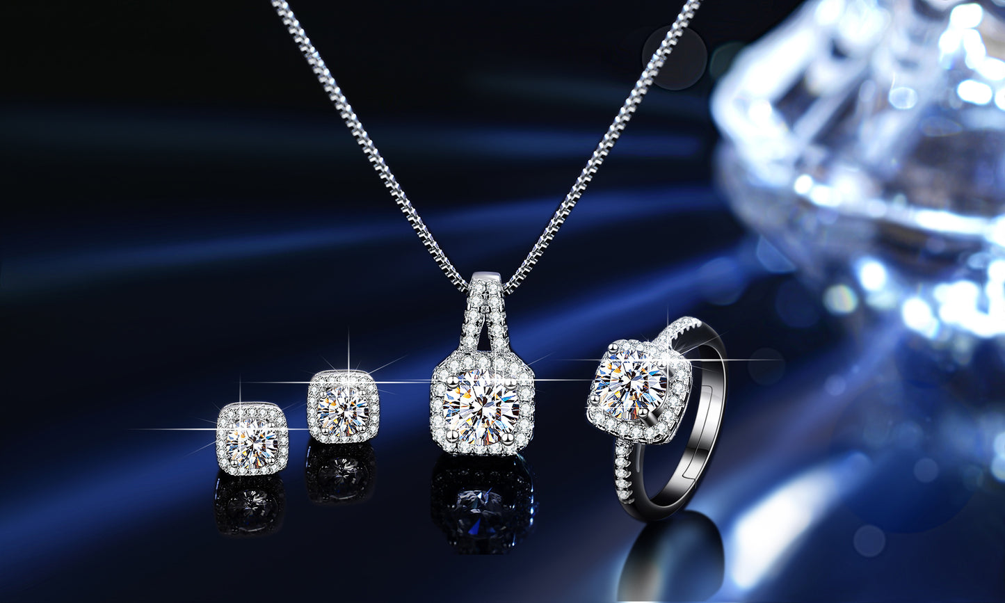 Moissanite Jewellery Set(1Necklace, 1 pair of Earrings, 1 ring)