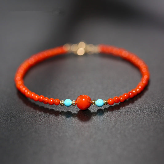 Pulsera de piedra preciosa de ágata roja del sur natural con baño de oro de 14 quilates y turquesa