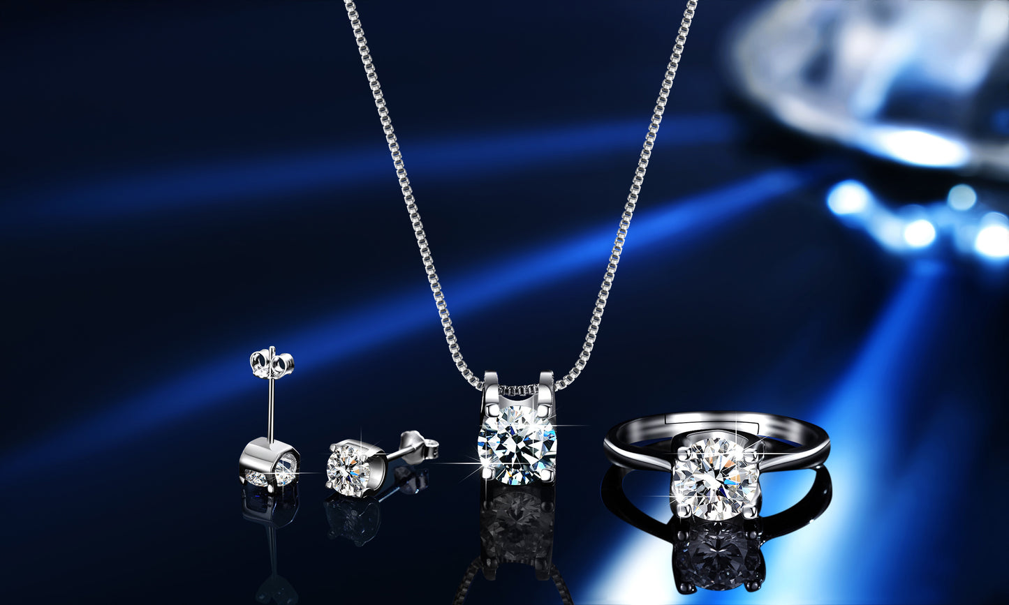 Moissanite Jewellery Set(1Necklace, 1 pair of Earrings, 1 ring)