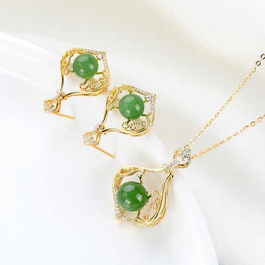 S925 sterling silver Hetian jade jasper beads high-grade gold-plated earrings earrings with chain sleeve