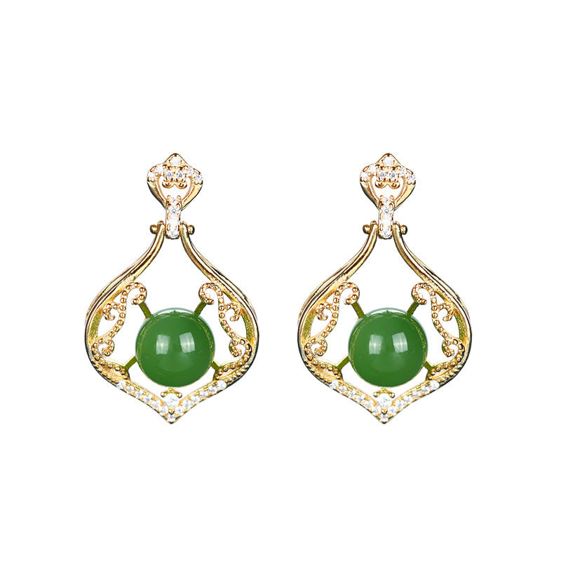 S925 sterling silver Hetian jade jasper beads high-grade gold-plated earrings earrings with chain sleeve