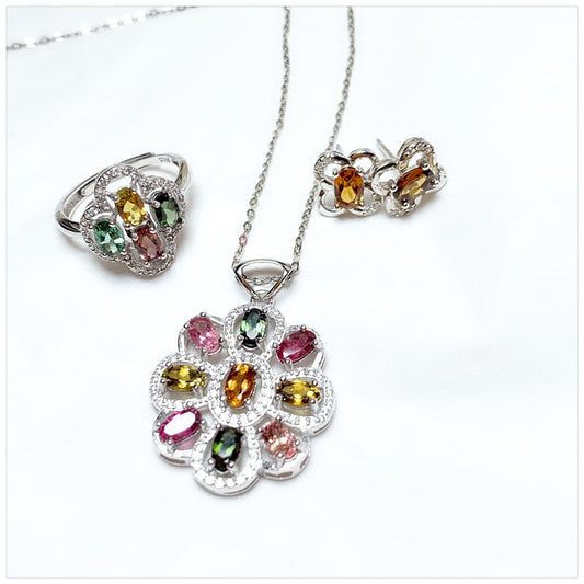 925 silver inlaid natural and creative tourmaline set