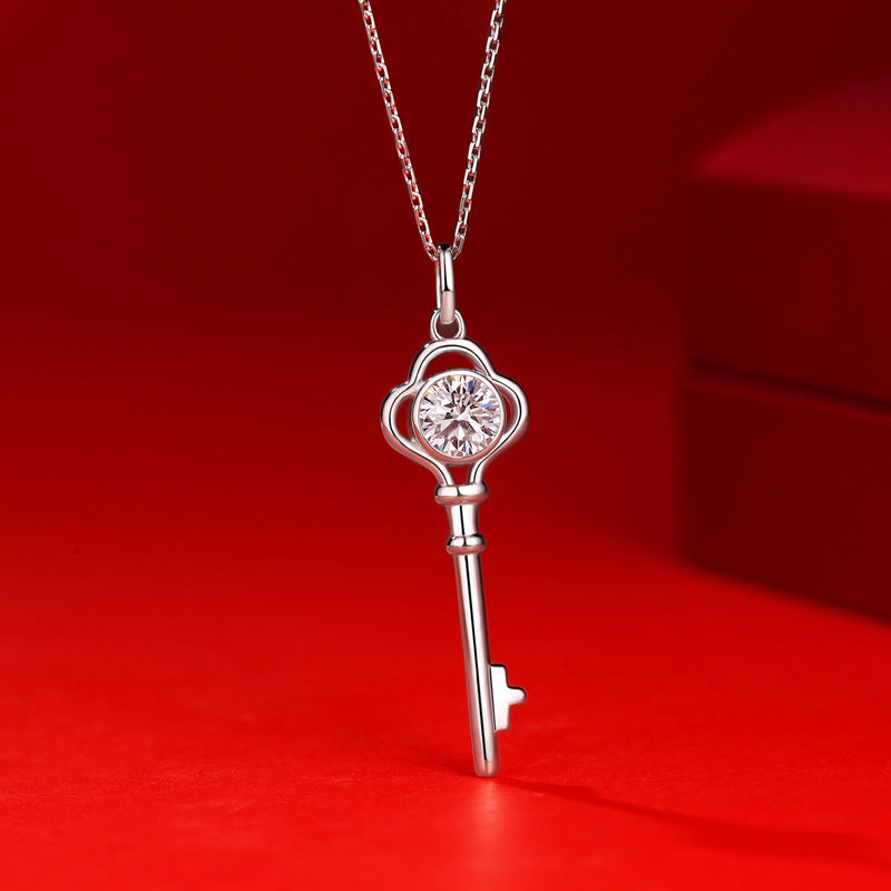 Collier clé en argent S925 avec pendentif moissanite, chaîne de clavicule pour femmes