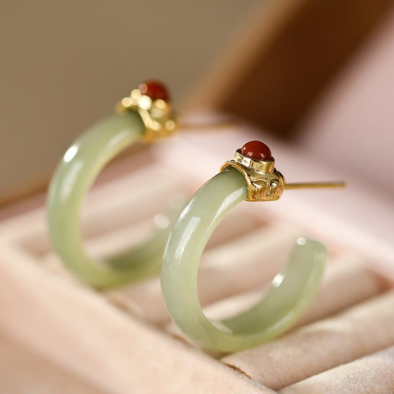 S925 silver inlaid and tian white jade blue jade southern red agate embellishment circular ring C-shaped buckle earrings