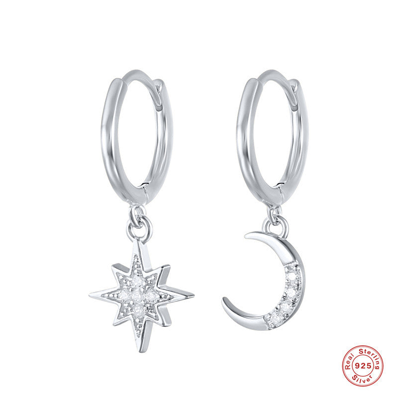 S925 Sterling Silver Star Moon Asymmetric Earrings