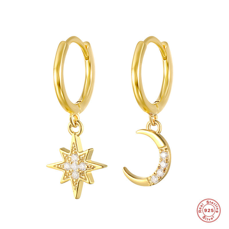 S925 Sterling Silver Star Moon Asymmetric Earrings