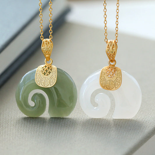 S925 Silver Plated Gold Inlaid and Tian Bai Jade and Tian Qing Jade Elephant Blessing Necklace Set Chain