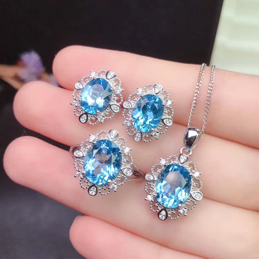 Ensemble de topaze bleue suisse naturelle, bague, pendentif et boucles d'oreilles en argent 925