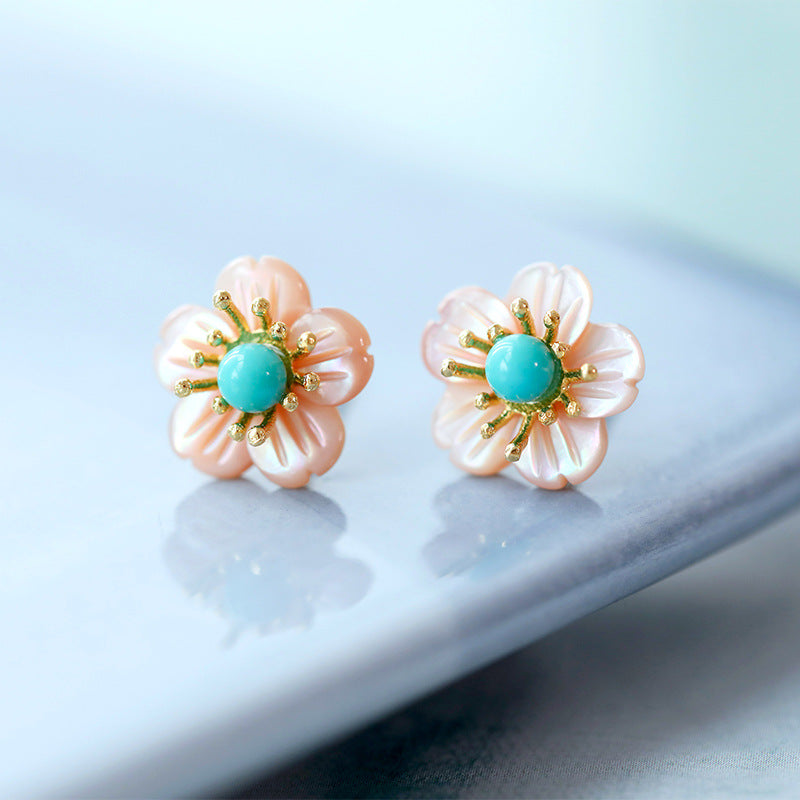 S925 sterling silver gold-plated inlaid powder shell floret turquoise earrings