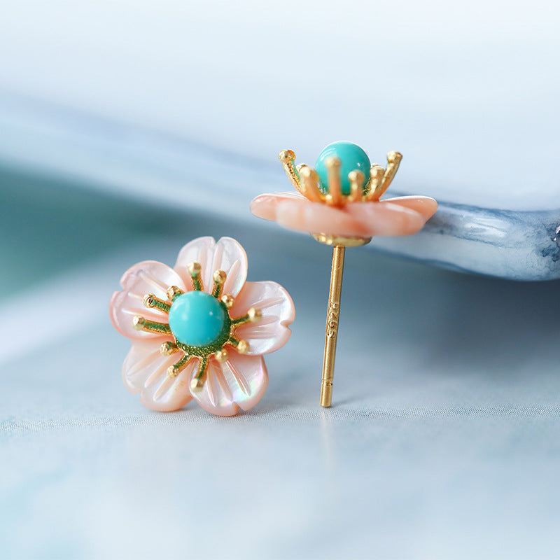 S925 sterling silver gold-plated inlaid powder shell floret turquoise earrings