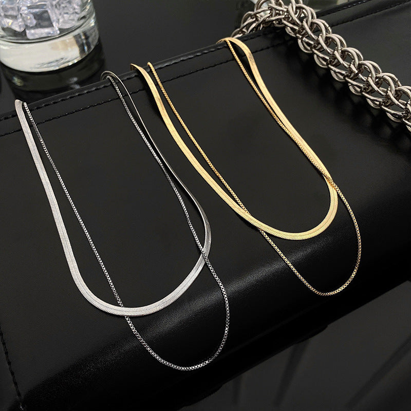 [DF]Simple double layered necklace female ins tide personality hip-hop European and American snake bone chain temperament online celebrity short clavicle chain