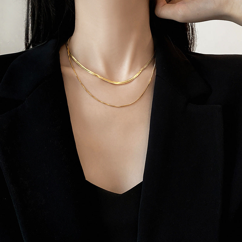 [DF]Simple double layered necklace female ins tide personality hip-hop European and American snake bone chain temperament online celebrity short clavicle chain