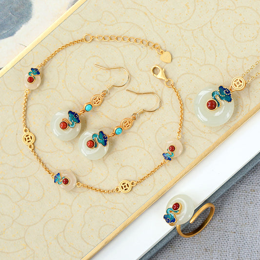 S925 silver gilt inlaid Hotan Jade enamel color auspicious cloud earrings ring bracelet pendant