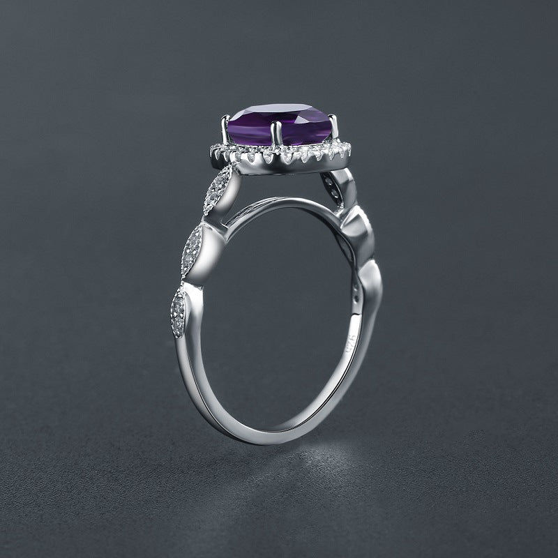 Personnalité de la mode incrustée de pierres précieuses naturelles améthyste bague en argent s925