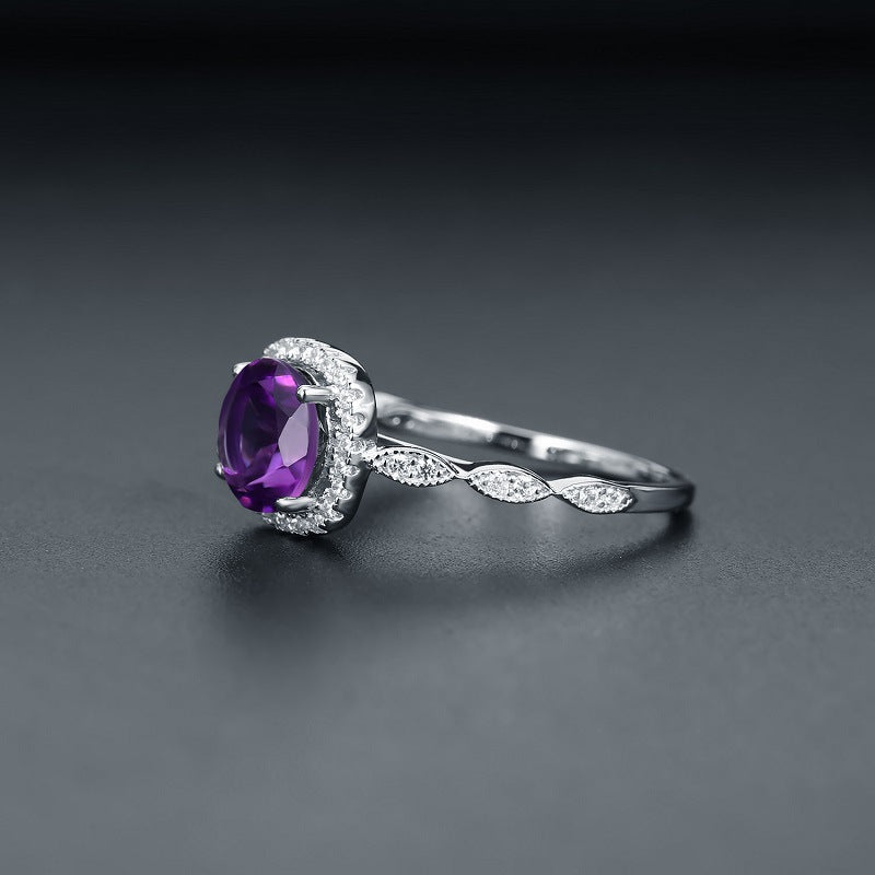 Fashion personality inlaid with natural gemstone amethyst s925 silver ring