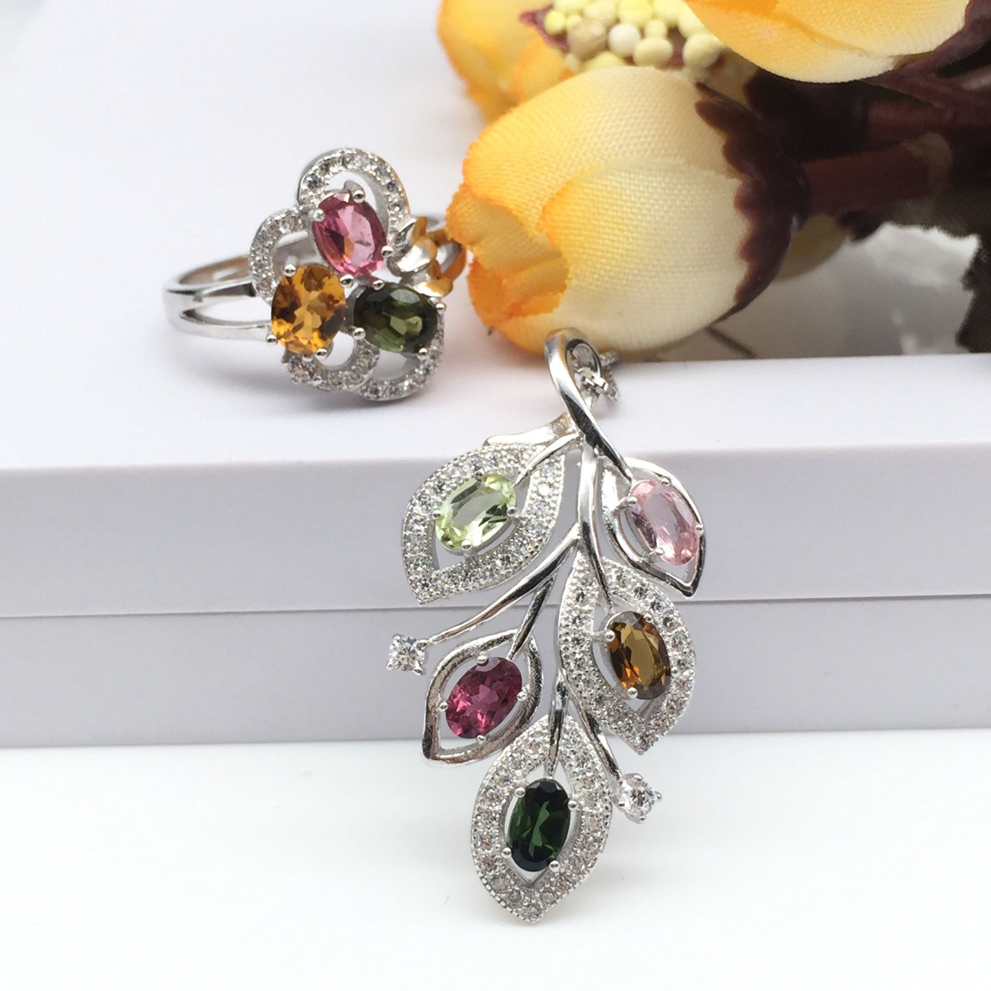 925 silver leaf jewelry tourmaline jewelry two sets