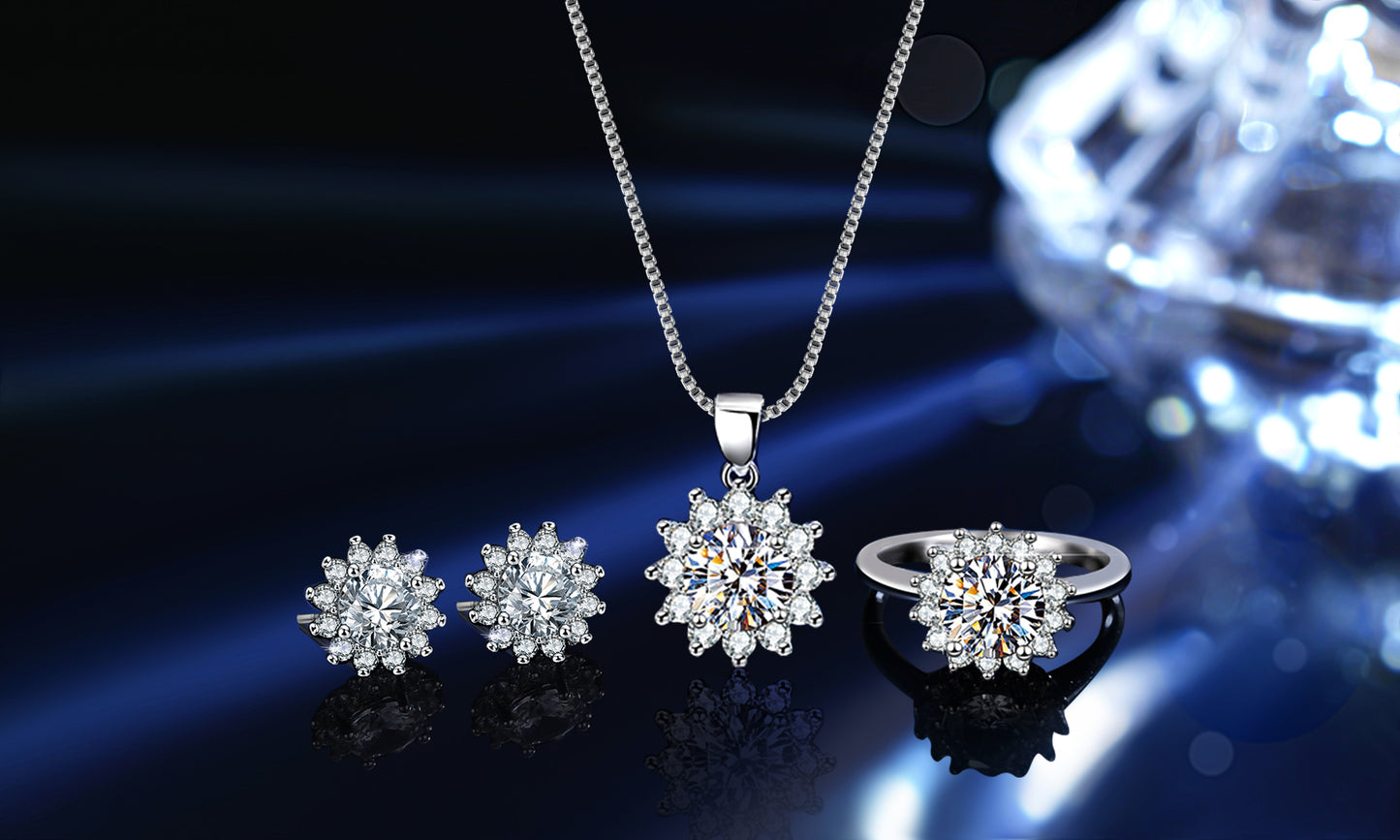 Moissanite Jewellery Set(1Necklace, 1 pair of Earrings, 1 ring)