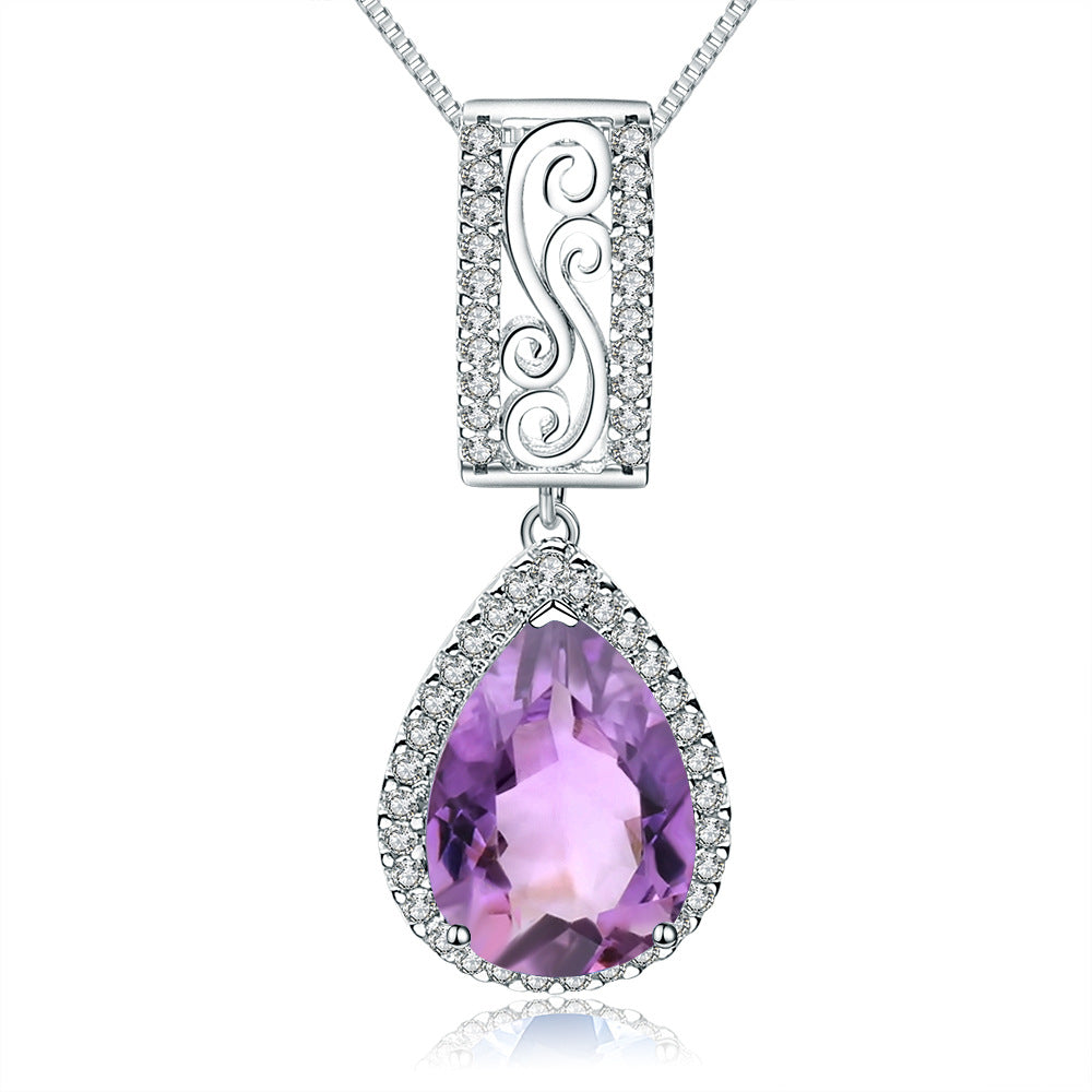 Natural Amethyst S925 Silver Necklace Pendant Luxuriously Inlaid with Natural Colorful Treasure Pendant