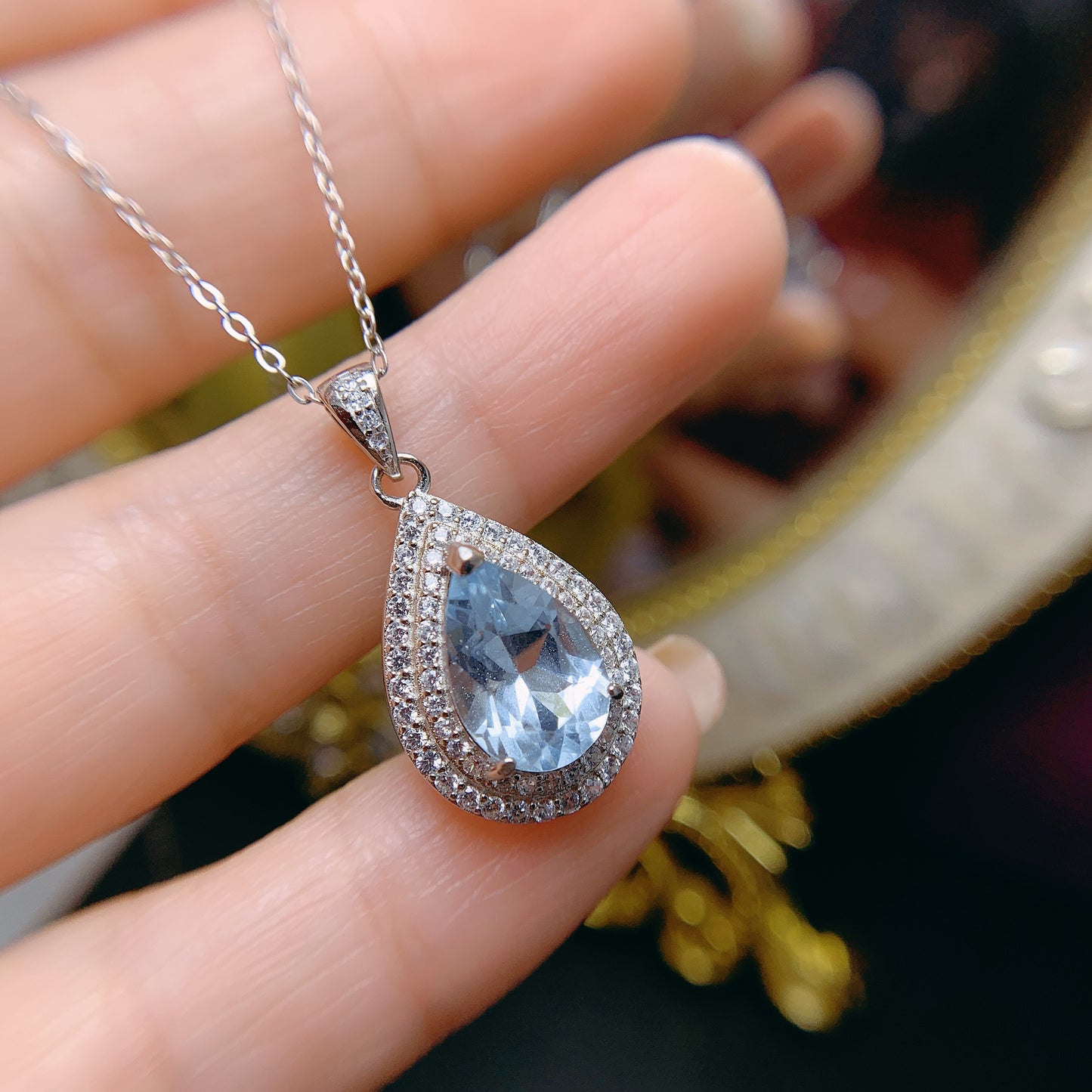 [DF]Natural Blue Topaz Ring and Pendant Set - Heart-shaped, 925 Silver, Collar Necklace