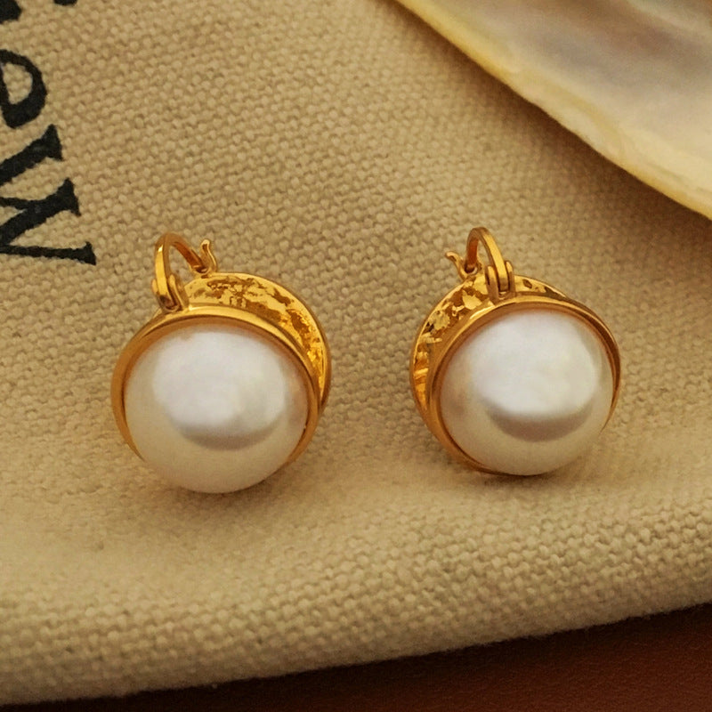 [DF]Copper Plated True Gold South Korea East Gate Double sided Half Piece Pearl Earrings Personalized Temperament Fashion Earrings Earrings