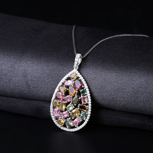 Collier pendentif tourmaline naturelle en argent s925, collier de pierres précieuses naturelles à la mode