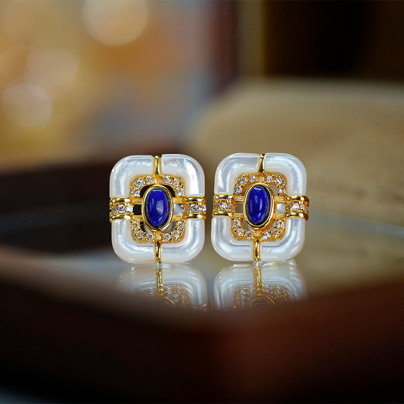 S925 silver inlaid lapis lazuli white mother-of-pearl set gold-plated jewelry