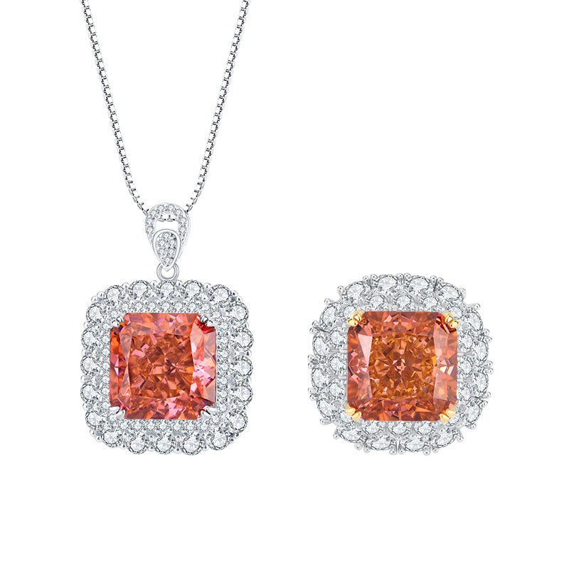 S925 Silver Imitation Colored Gemstone High Carbon Diamond Padparadscha Square Set 14*14