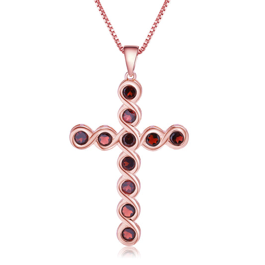 Design sense natural colored gemstone sterling silver necklace inlaid with garnet 925 silver necklace cross pendant