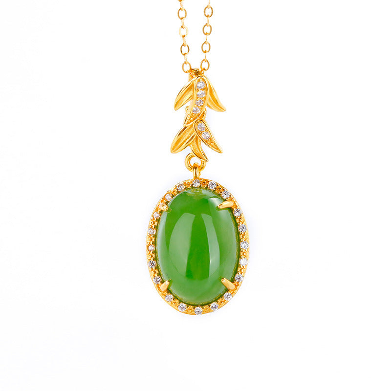 S925 Silver Plated Gold Inlaid and Tian Bi Jade Egg Faced Willow Leaf Simple and Versatile Pendant