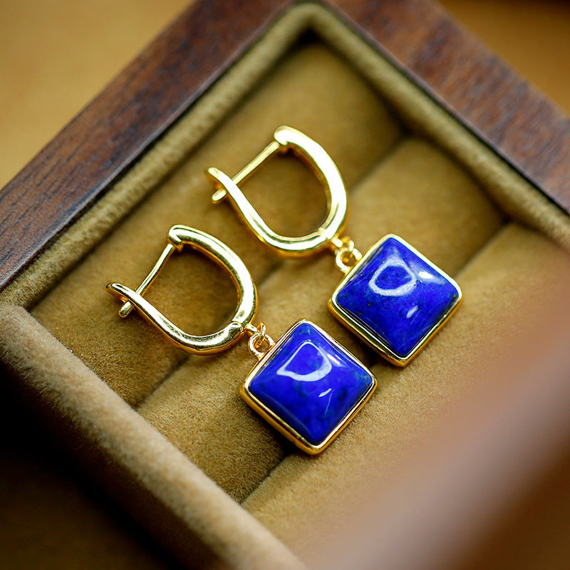 S925 silver plated gold inlaid lapis lazuli block geometric earrings, simple and versatile earrings