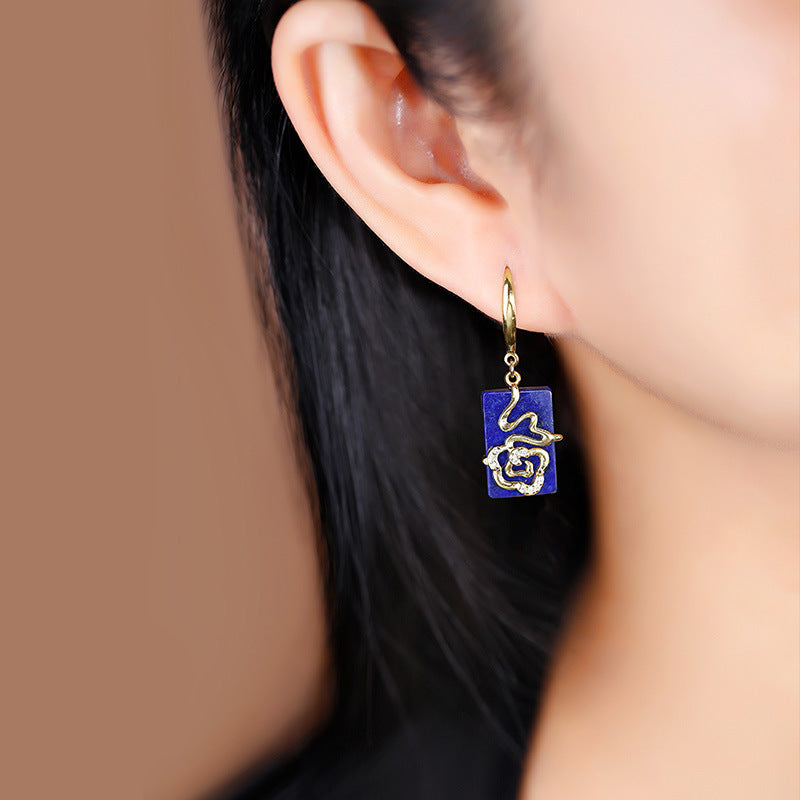 Boucles d'oreilles lapis-lazuli incrustées en argent sterling S925, avec tempérament, à la mode