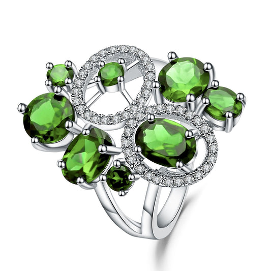 Light luxury design, natural diopside ring, fashionable and high-end, s925 sterling silver inlaid with natural color treasure ring