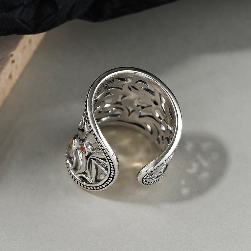 S925 Silver Treasure Wide-faced Ring Carved and hollowed-out exaggerated finger ring jewelry for men and women