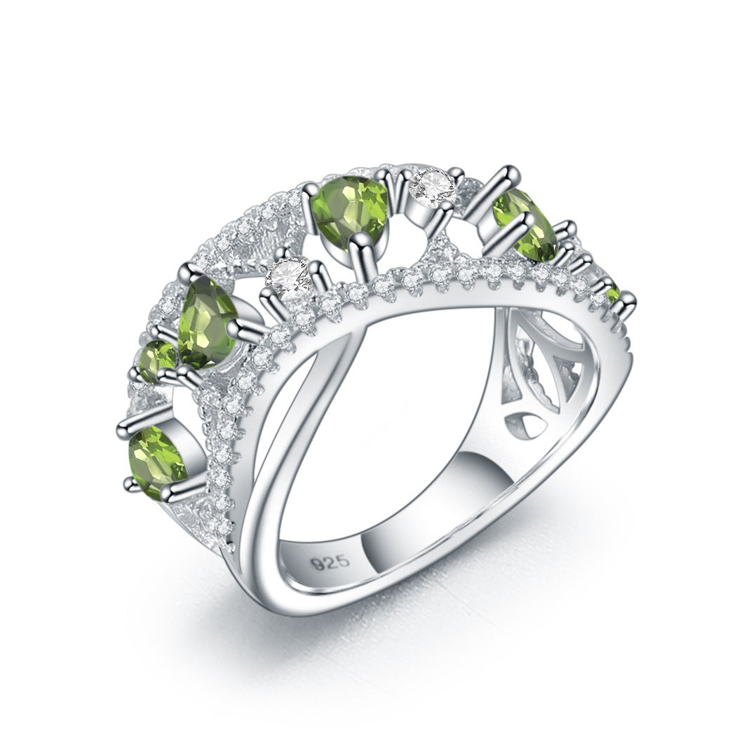 Bague Diopside naturelle avancée, bague au trésor colorée incrustée d'argent s925