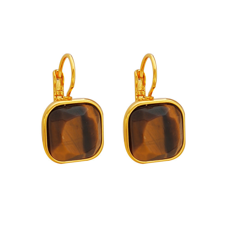 [DF]Copper plated real gold vintage Hong Kong style simple geometric square tiger's eye earrings, high-end sense of niche design earrings