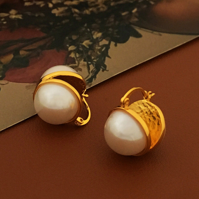 [DF]Copper Plated True Gold South Korea East Gate Double sided Half Piece Pearl Earrings Personalized Temperament Fashion Earrings Earrings