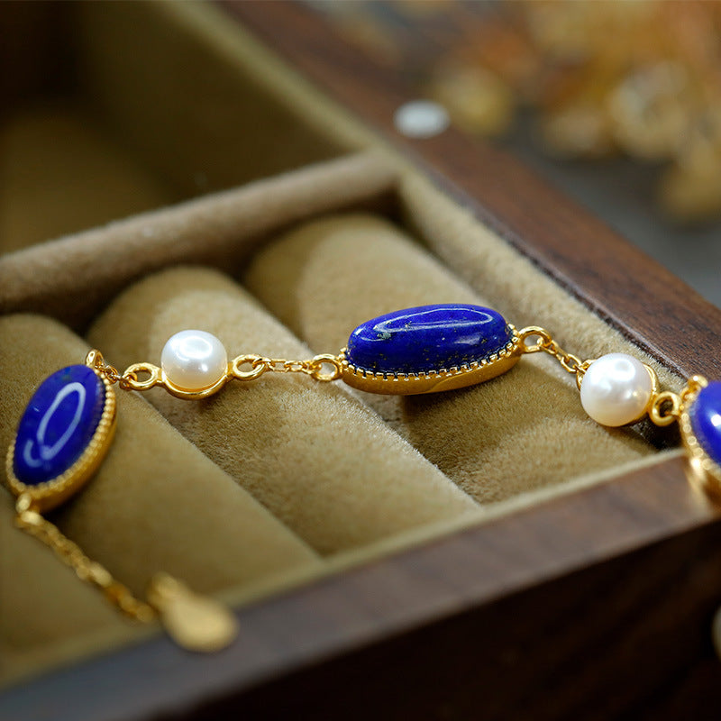 Bracelet en perles de lapis-lazuli plaqué or, argent S925