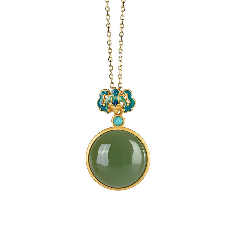 S925 silver gold-plated inlay Hetian green jade cabochon fashion atmosphere necklace