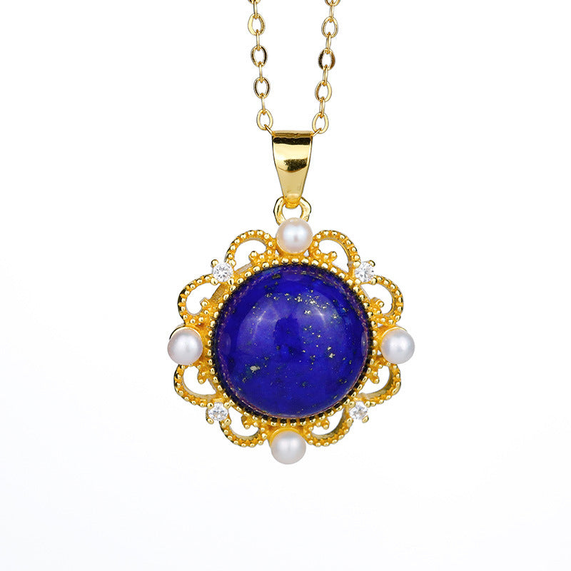 925 silver-plated inlaid lapis lazuli egg noodles with pearl hollowed-out sunflower necklace