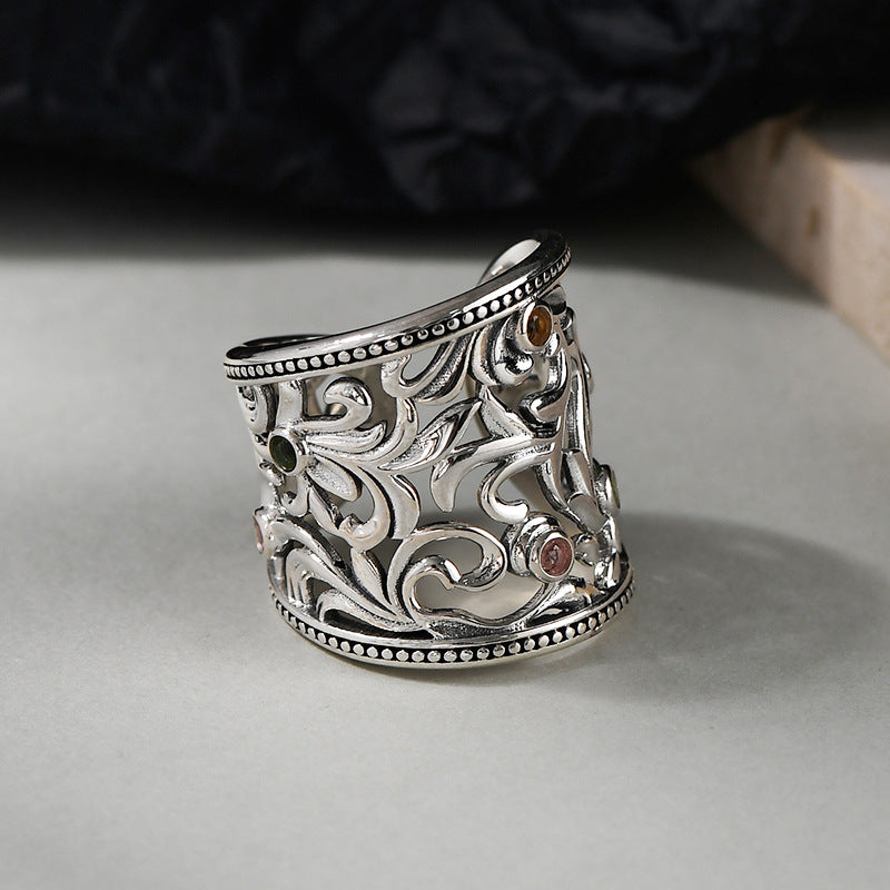 S925 Silver Treasure Wide-faced Ring Carved and hollowed-out exaggerated finger ring jewelry for men and women