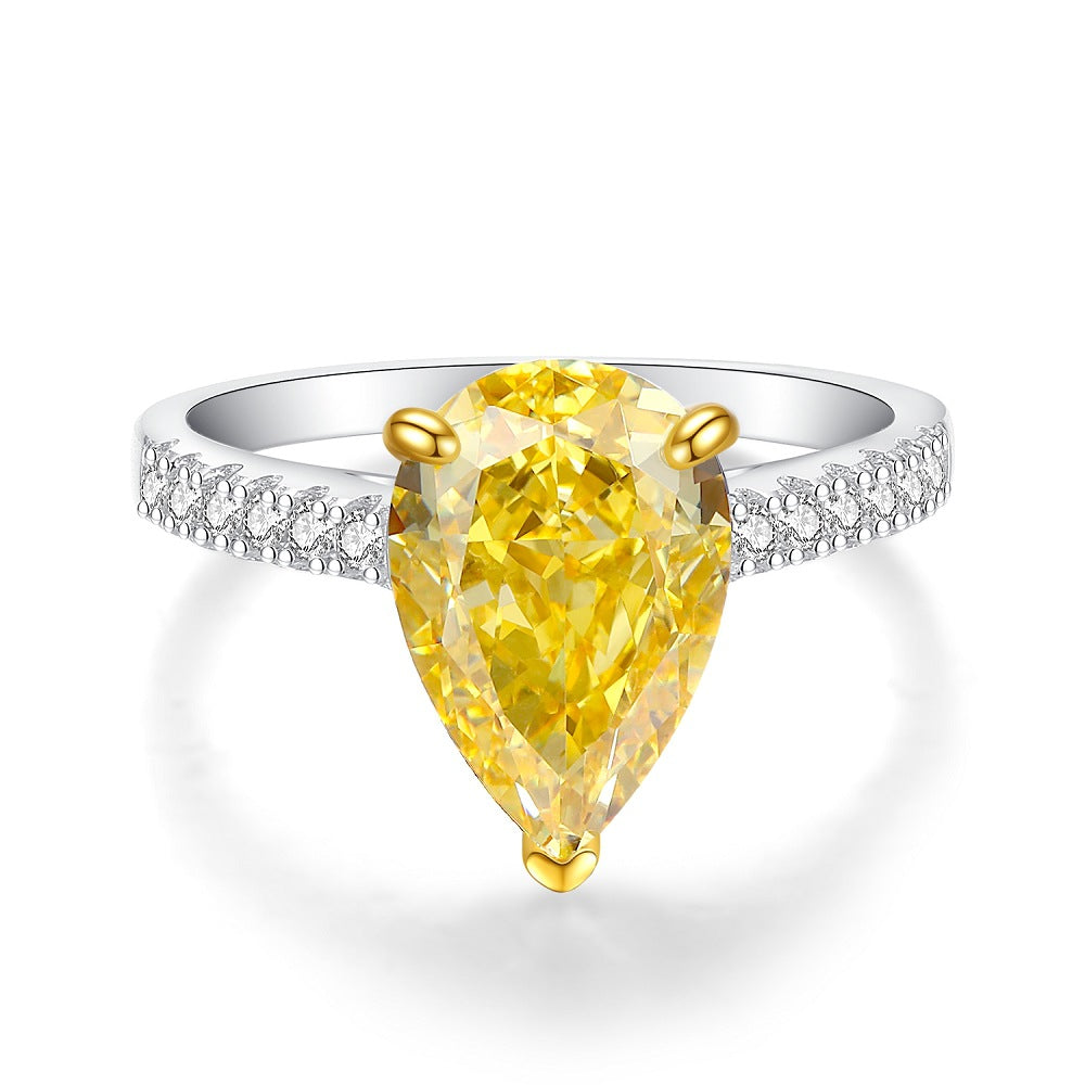 S925 Pure Silver Yellow Diamond Ring Women's Ice Flower 8A Zircon Ring Wedding Ring