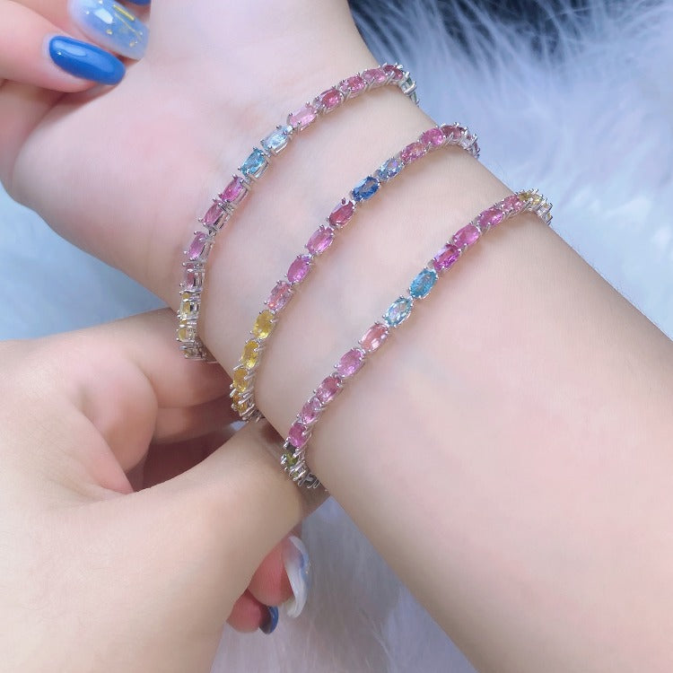 S925 silver inlaid natural tourmaline bracelet female, rainbow candy jewelry