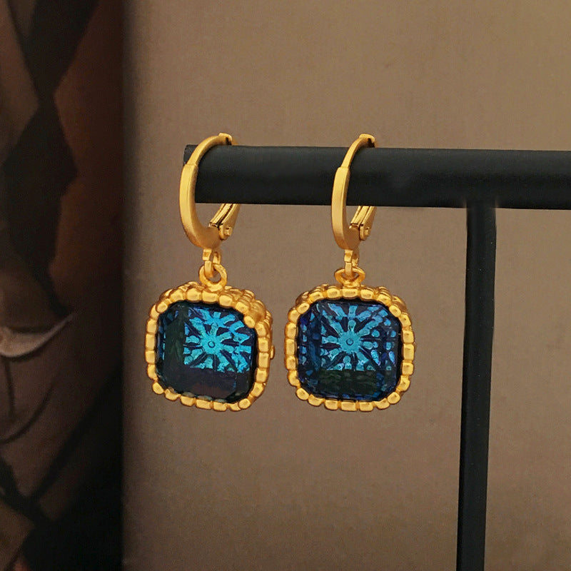 [DF]Copper plated genuine gold, exaggerated irregular patterns in Europe and America, blue earrings, personalized antique style, geometric square earrings