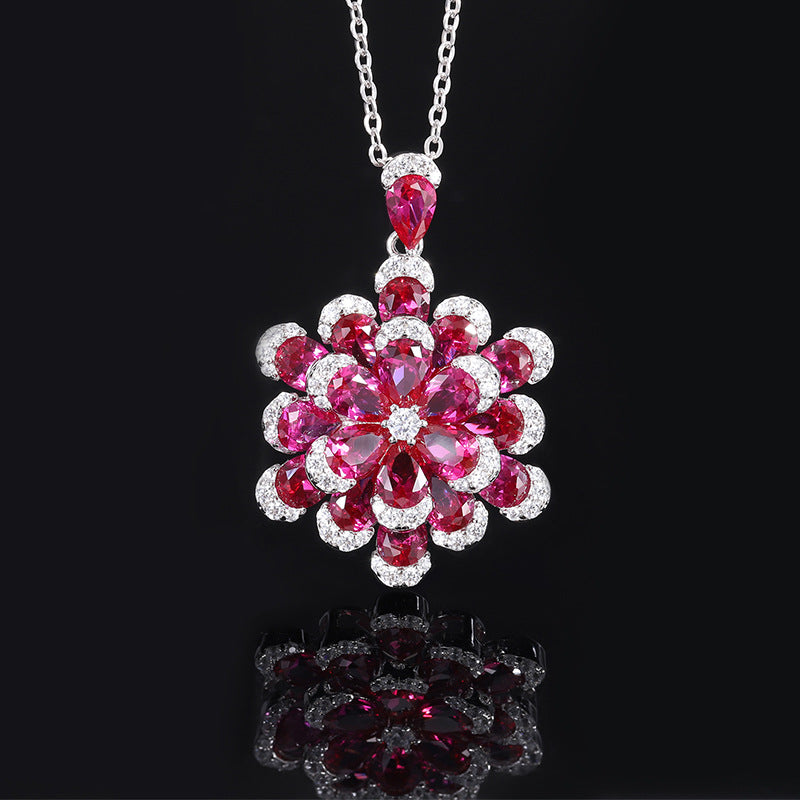 S925 Full body Silver Simulated Red Corundum Flower Set Jewelry