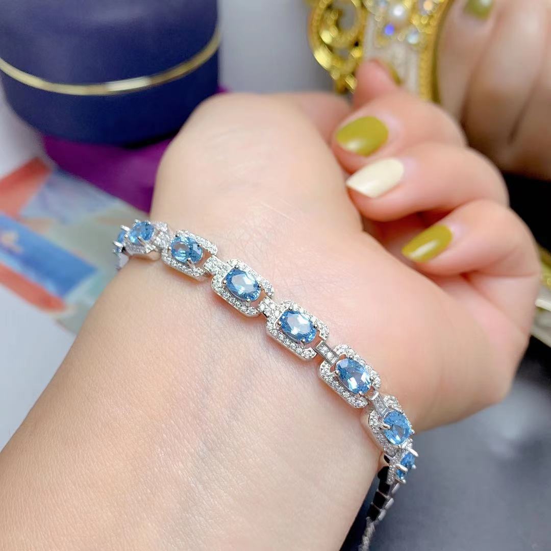 Bracelet topaze bleue naturelle, bracelet rétro incrusté d'argent 925 pour femmes