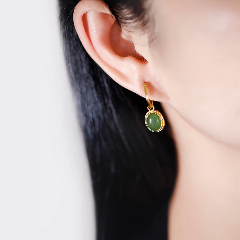 S925 Silver Plated Gold Inlay and Tian Bi Jade Egg Face Simple Ear Buckle