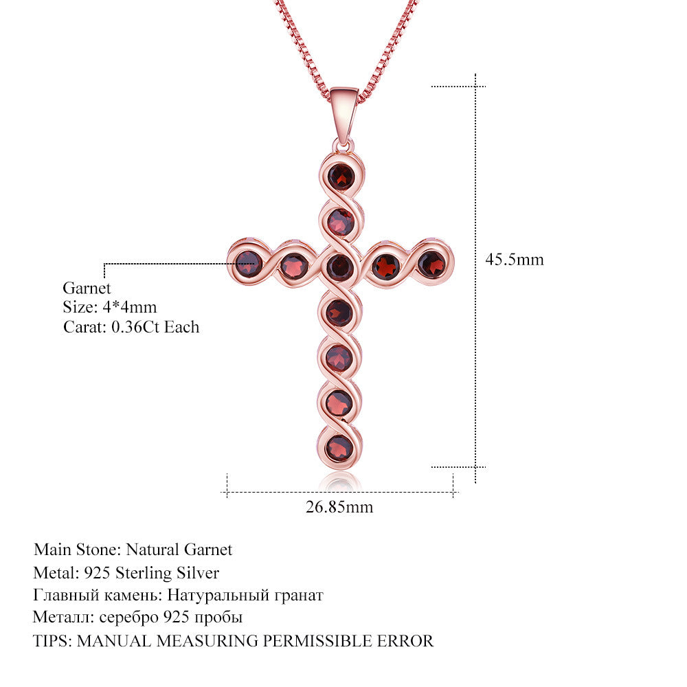 Design sense natural colored gemstone sterling silver necklace inlaid with garnet 925 silver necklace cross pendant