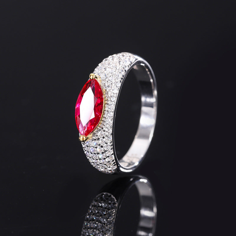 S925 all-over silver ring simulation colored gemstone high-quality texture marquise 5*10 diamond set ring women