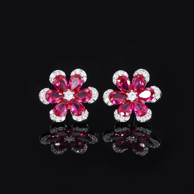 S925 Full body Silver Simulated Red Corundum Flower Set Jewelry