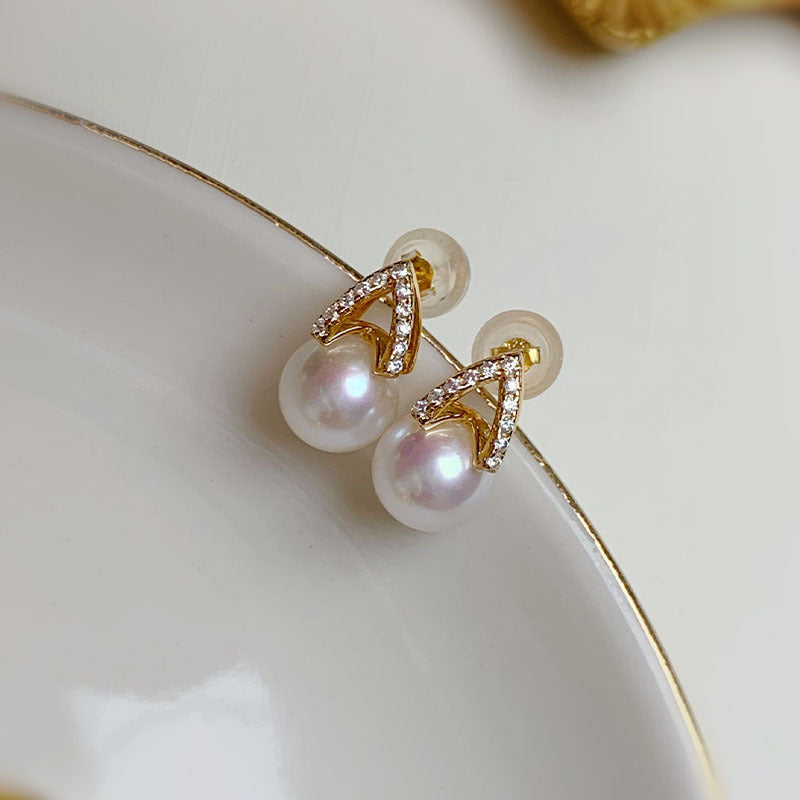 [DF]M Pyramid Pearl Earrings with 7-8mm Freshwater Pearls and Cubic Zirconia